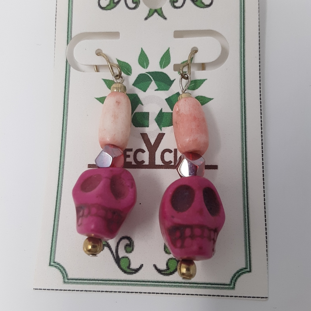 Handmade Pink Skull Earrings With Repurposed Beads